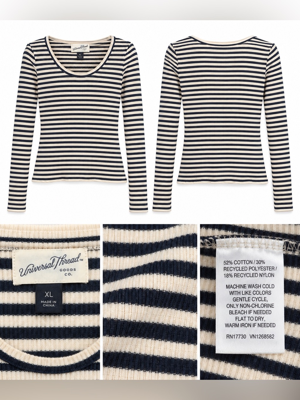 Universal Thread Black Cream Striped Ribbed Knit Long Sleeve Top XL